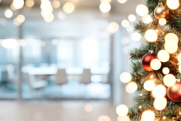 close-up of a christmas tree decorated with red baubles and fairy lights, creating a festive atmosph