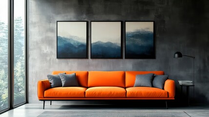 An elegant, modern living room with an orange sofa and abstract paintings on the wall