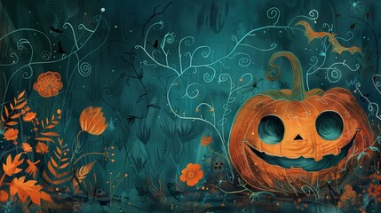 Ilustración de calabaza de Halloween en verde azulado y naranja, rodeada de flores. Diseño caprichoso y de ensueño con detalles de Halloween.