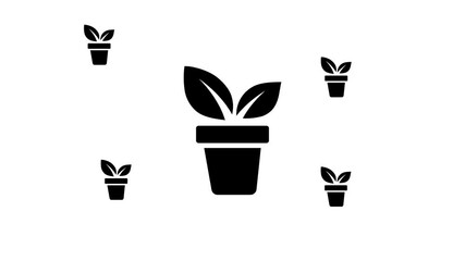 Poster - Zoom in and out animation the plant in pot symbol. Large black symbol in the center and four small symbols around. Seamless looped 4k animation on white background