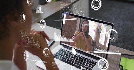 Poster - Animation of financial data processing over diverse business people on laptop video call