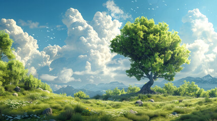  Nature elements: 3D trees, mountains, or clouds that create a natural background and a lively atmosphere.