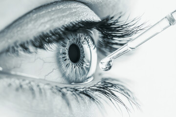 Close-up of an eye with a contact lens and a dropper dropping liquid near it, against a white background