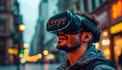 Adventurous man in virtual reality headset immerses in an exhilarating cityscape journey filled with excitement and discovery