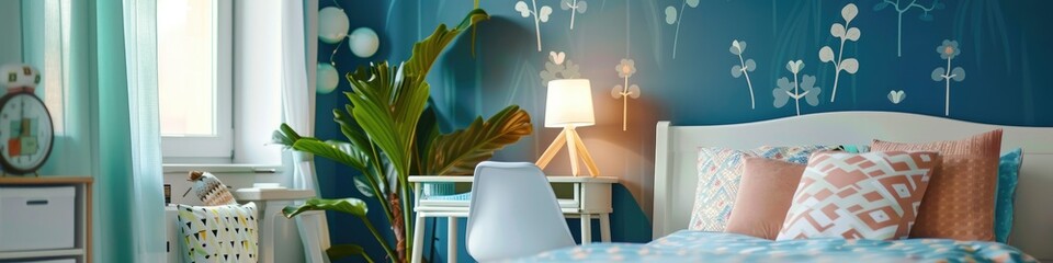 Poster - Children's bedroom interior with a plant and white chair beside a bed, featuring lamps and geometric patterns, captured in an authentic photograph.