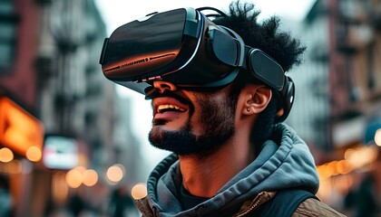 Adventurous man in virtual reality headset immerses in an exhilarating cityscape journey filled with excitement and discovery