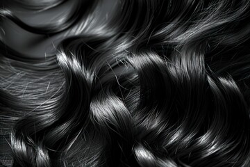 Close-up of dark, wavy hair, shot with shallow depth of field, highlighting its texture and shine.