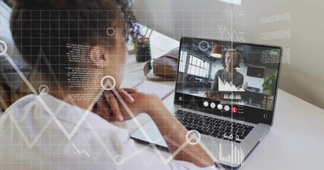 Poster - Animation of financial data processing over diverse business people on laptop video call