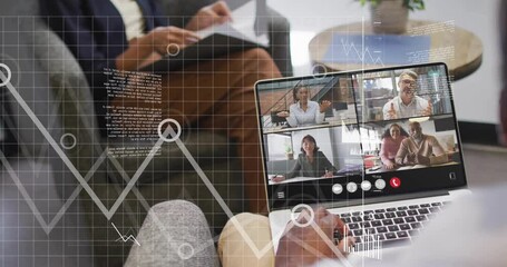 Poster - Animation of financial data processing over diverse business people on laptop video call