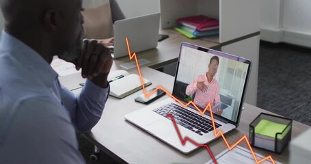 Poster - Animation of financial data processing over diverse business people on laptop video call
