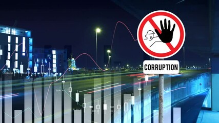 Poster - Animation of diagrams and city over warning sign with corruption text