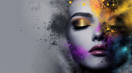 Wall Mural - Stylized portrait of a woman's face with closed eyes and colorful abstract splashes of paint, blending artistic expression with beauty, copy space 