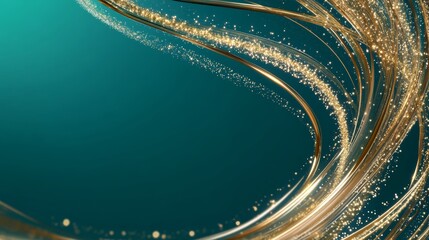 Wall Mural - luxury invitation design with golden sparkling curved lines and turquoise background, featuring eleg