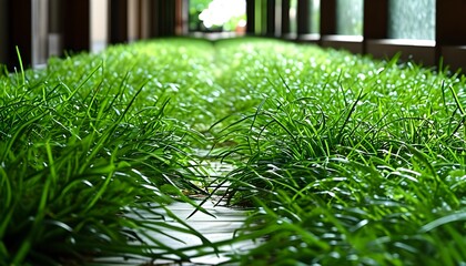 Wall Mural - Lush green grass adorning a tranquil hallway, fostering a serene and peaceful ambiance