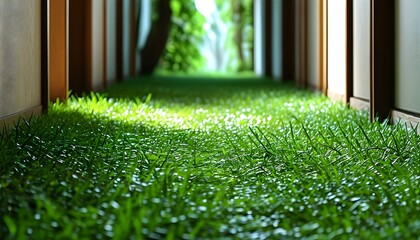 Lush green grass adorning a tranquil hallway, fostering a serene and peaceful ambiance