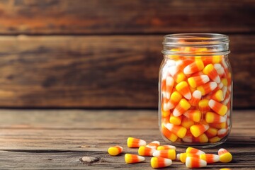 Sticker - A jar filled with colorful candy corn, with some pieces scattered on a wooden surface.