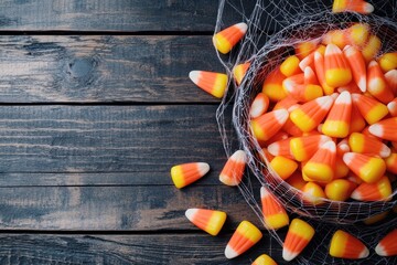 Poster - A bowl filled with colorful candy corn, surrounded by a spider web on a wooden surface.