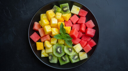 Wall Mural - tropical fruit salad in black bowl