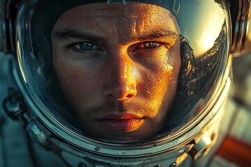 Close-up of an astronaut in a helmet, reflecting the sun in the vastness of space.