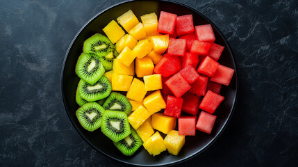 tropical fruit salad in black bowl