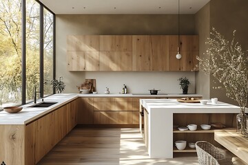 A Scandinavian kitchen with light wooden cabinets and white countertops.