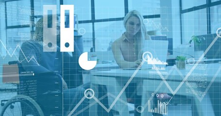Poster - Animation of diagrams and data processing over disabled caucasian colleagues discussing work