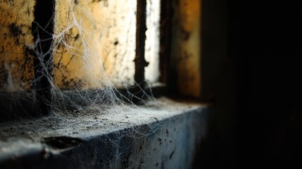 Poster - A close-up of cobwebs in a dimly lit space, highlighting neglect and decay.