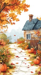 A small house in a forest during fall, with vibrant orange foliage and birds flying, symbolizing autumn scenery and peaceful living