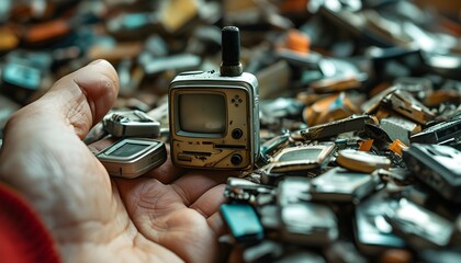 Nostalgic embrace of technology: a handheld device surrounded by a vintage collection of old electronics