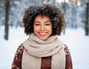 Wall Mural - Portrait of Beautiful Happy Black Woman Outdoors in Park During Winter