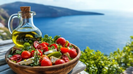 Mediterranean Salad with Olive Oil and Sea View