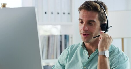 Canvas Print - Call center man, talking and headphone by computer, financial information or chat for customer care in office. Consultant, tech support or agent by pc, microphone or advice for voip, crm or help desk