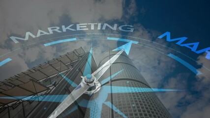 Poster - Animation of compass spinning with motivation and business text over city