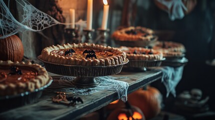 Sticker - A spooky Halloween display featuring pumpkin pies, candles, and decorations.