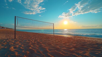 Sticker - A volleyball net on a sandy beach at sunset with a beautiful sky.