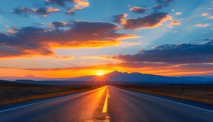 Scenic sunset road with mountains silhouetted against a vibrant blue and orange sky