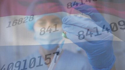 Poster - Animation of flag of ghana and numbers processing over caucasian female doctor with vaccination