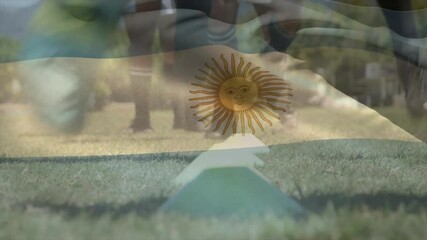 Poster - animation of flag of argentina over diverse rugby players practicing on field