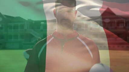 Poster - Animation of flag of italy over caucasian rugby player with ball