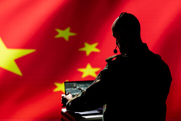 Poster - Chinese army expert analyzing aerial reconnaissance data to come up with tactics gaining battlefield advantage. China military soldier in command room controlling drones attacking strategic targets