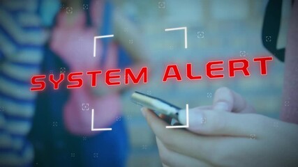 Poster - Animation of system alert text and data processing over caucasian businesswoman using smartphone