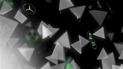 Poster - Animation of eco icons and data processing over connections on black background