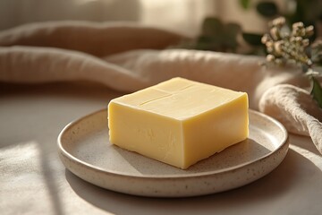 A block of fresh butter presented on a simple plate under soft natural light.