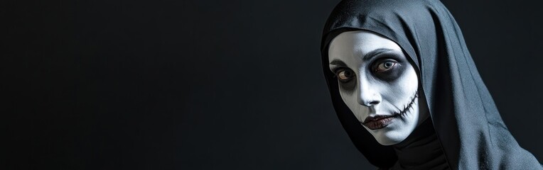 A person in a black hooded garment with dramatic makeup, evoking a spooky or artistic theme.