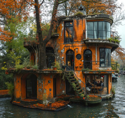 A houseboat floating on top of a body of water surrounded by trees