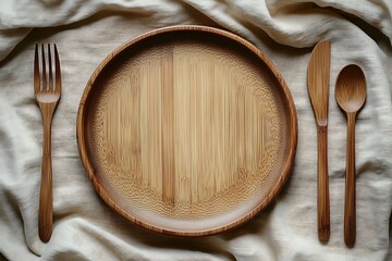 Minimalistic table setting with bamboo plate and cutlery on linen cloth.