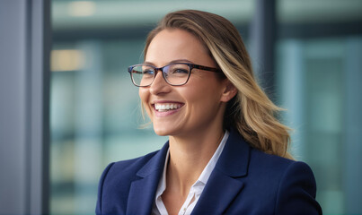 A businesswoman smiles confidently in an office setting