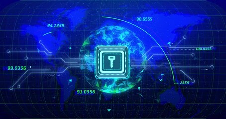 Poster - Animation of padlock icon and data processing over globe