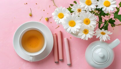 Chamomile tea experience with white flowers, teapot, and cup against a soft pink backdrop, creating a serene and inviting atmosphere