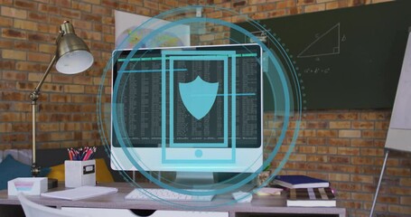 Poster - Animation of shield icon and digital data processing over computer on office desk